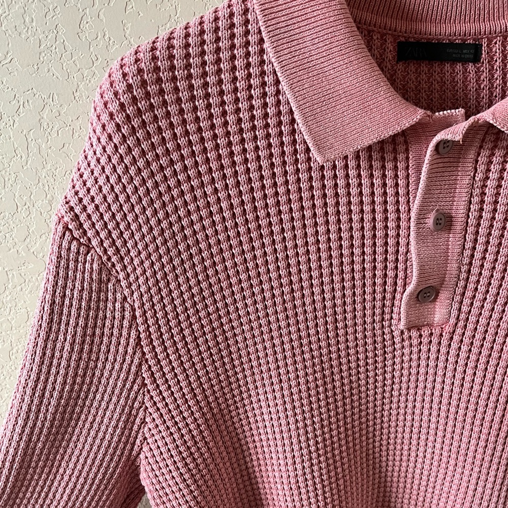 Zara Men’s Pink Long-Sleeve Button-Up Knit Polo Shirt Size L Waffle Knit - Picture 6 of 8